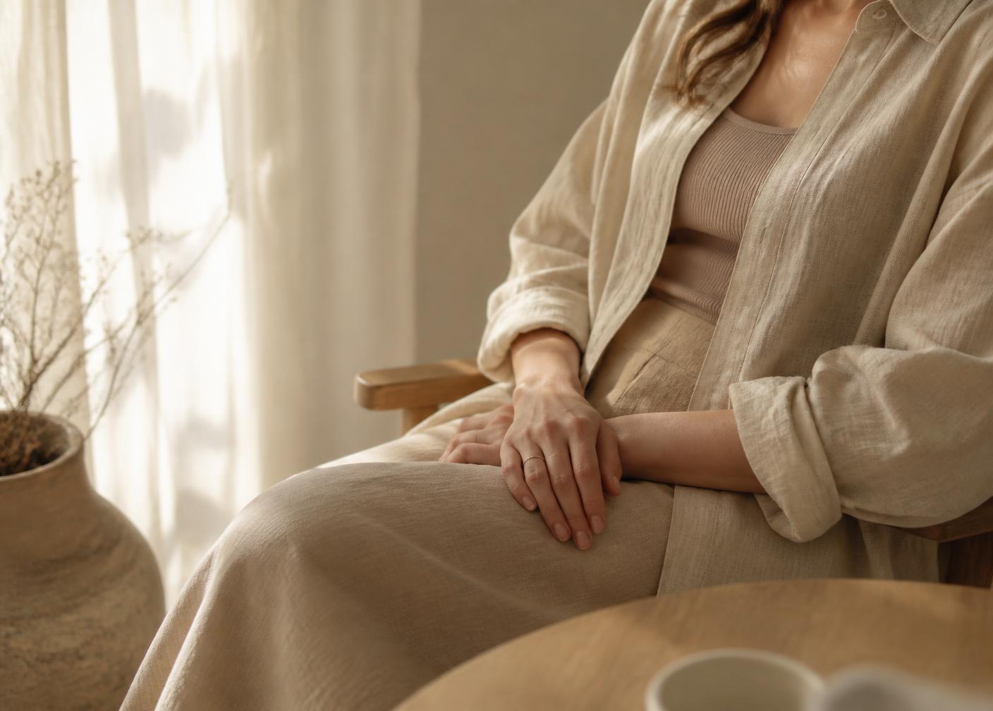 Mulher sentada em calma, com as mãos relaxadas, em ambiente claro